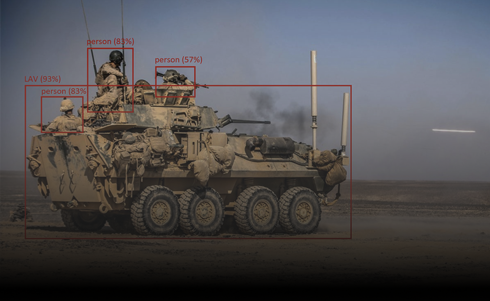 Military armored vehicle convoy with soldiers on and around the vehicle in a desert landscape, smoke in the distance.