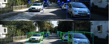2D and 3D AI bounding boxes detecting vehicles on a road.