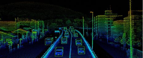 3D LiDAR point cloud annotation example showing autonomous driving computer vision data with annotated vehicles and surrounding city infrastructure.