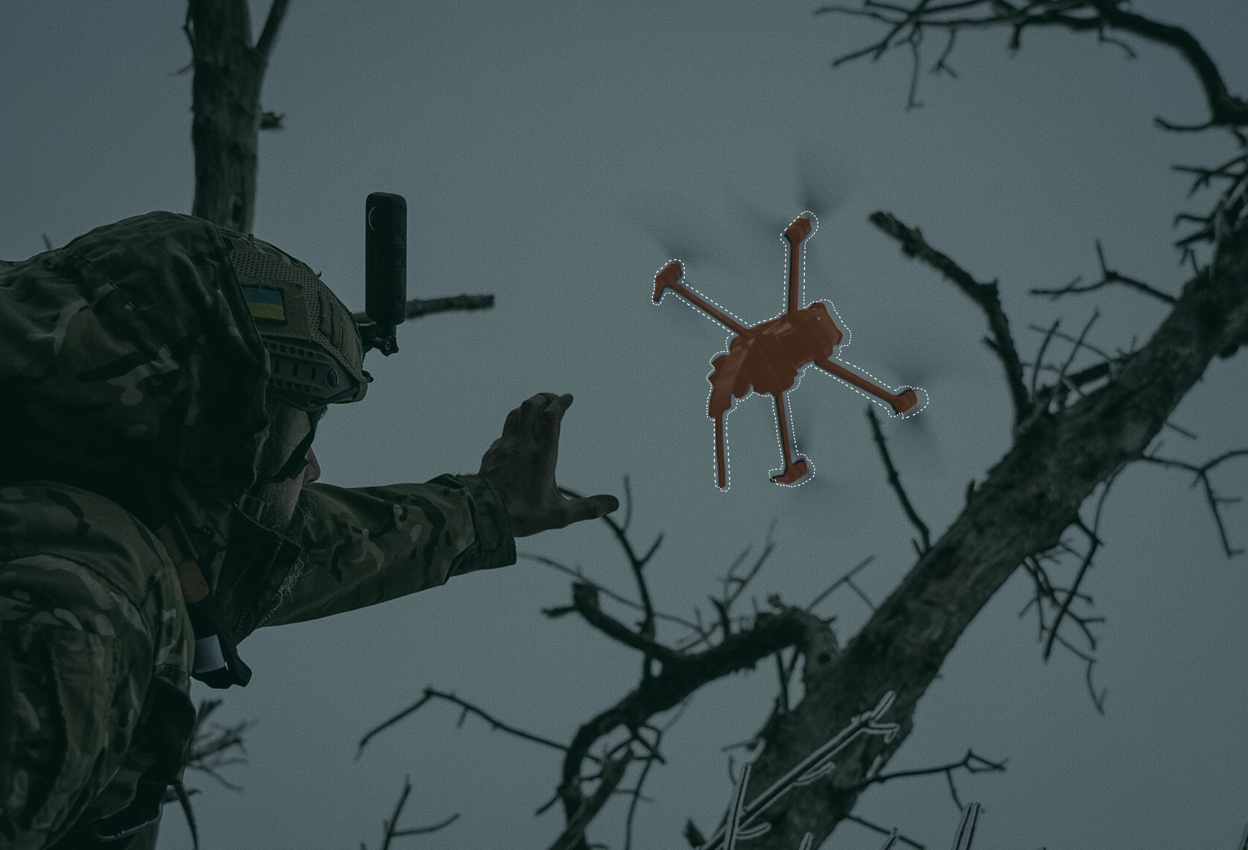 AI computer vision model identifying and segmenting a tactical quad copter drone in a forested environment