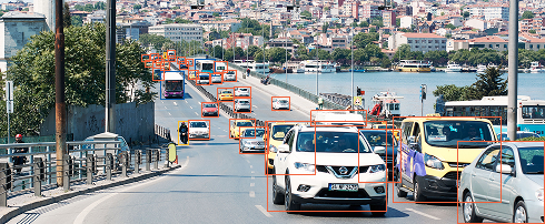 AI-powered traffic monitoring system detecting vehicles on a busy urban road using computer vision technology.