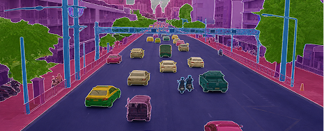 Polygon and semantic segmentation annotating roads, vehicles, buildings, and trees for AI-powered scene understanding in autonomous driving.