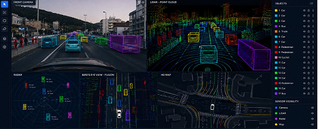 Sensor fusion software dashboard displaying synchronized camera feeds, 3D LiDAR point clouds, and live mapping data for autonomous driving.