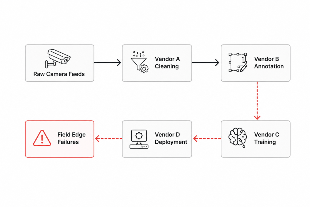 Fragmented computer vision pipeline showing raw camera feeds passing through four vendors for cleaning, annotation, training, and deployment before resulting in field edge failures.