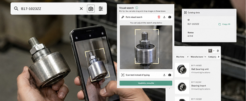 AI-powered visual search identifying an industrial machine component using a smartphone camera and computer vision technology.