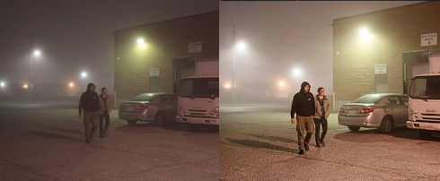 AI-powered image enhancement improving visibility in a foggy street scene using advanced computer vision technology.