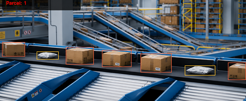 AI-powered package detection and tracking on a conveyor belt using computer vision for automated warehouse sorting.