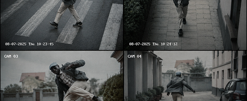 AI-powered CCTV surveillance system detecting a person across multiple security camera feeds using computer vision.