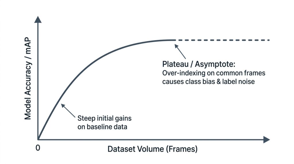 Graph showing the law of diminishing returns in data annotation and AI model performance where redundant frames cause validation plateaus