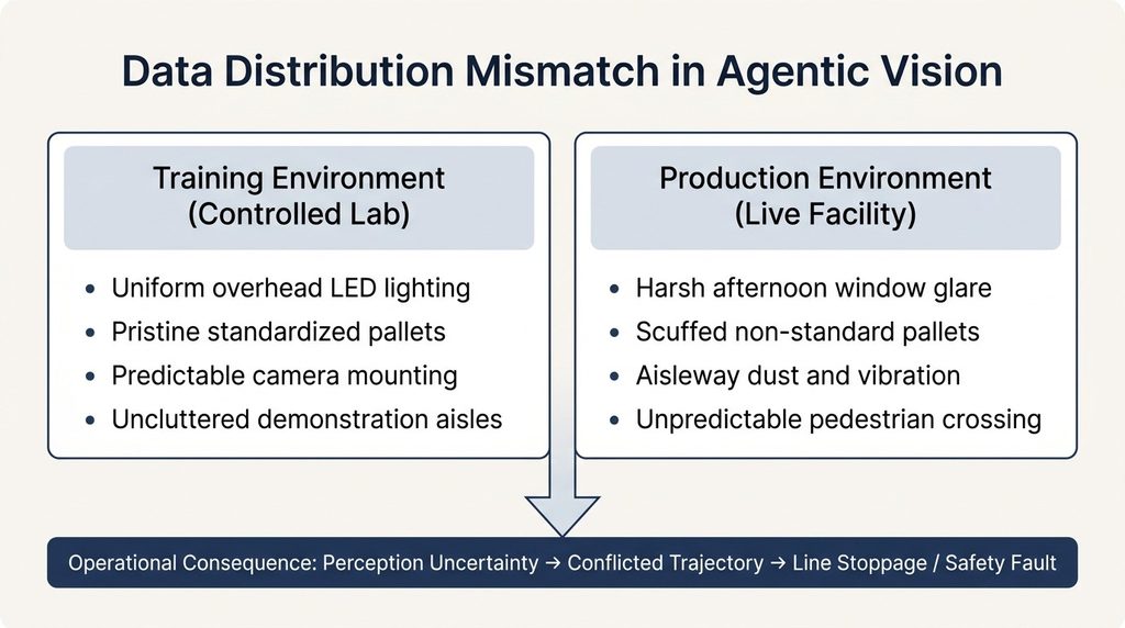 Agentic Computer Vision diagram comparing controlled training environments with real-world production environments and data distribution mismatch.