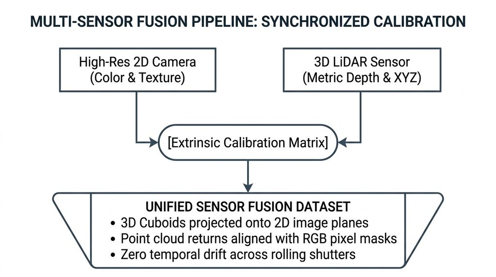 Multi-sensor fusion pipeline flowchart showing high-resolution 2D camera and 3D LiDAR data synchronized through an extrinsic calibration matrix